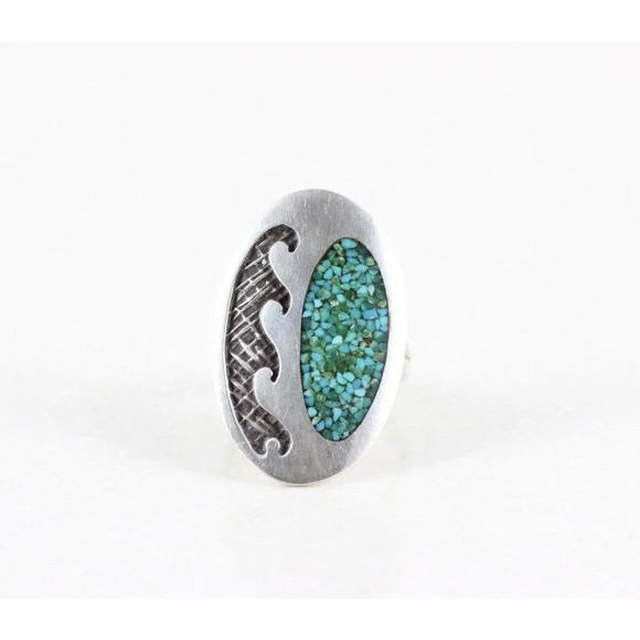 Sterling Silver Crushed Turquoise Ring Vintage Size 6 - Picture 6 of 7
